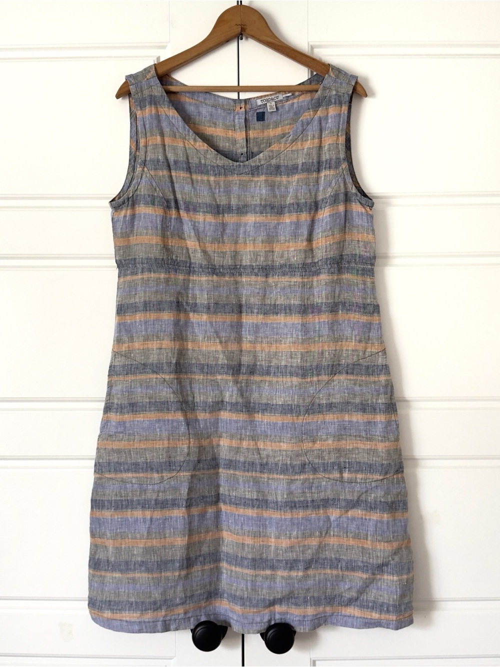 Toad Co Linette Striped Linen Dress Medium Blue Yellow Pockets Granola  Coastal